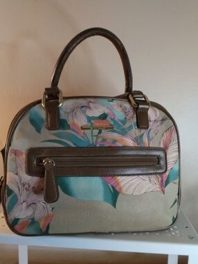 Jaclyn Smith Floral Print Dome Satchel Handbag in Teal and Brown